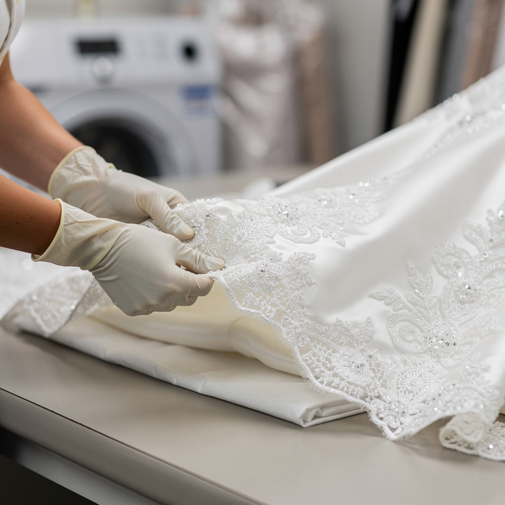 Mission Cleaners expert handling a delicate wedding gown for specialized preservation in San Diego